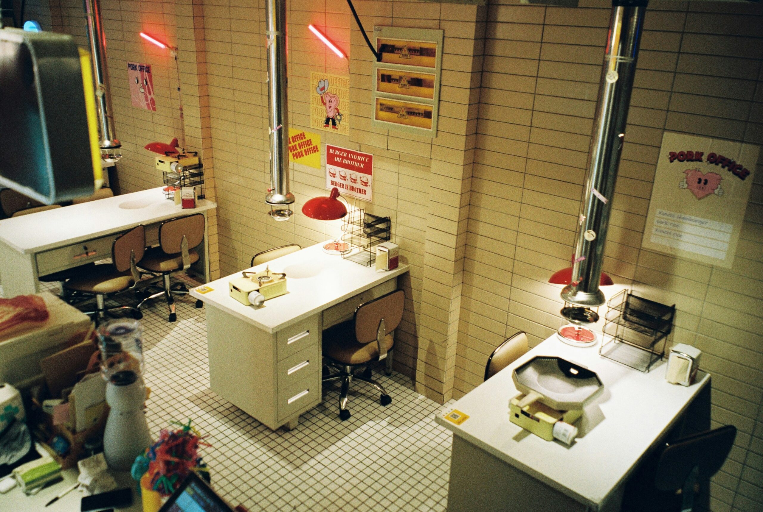 An organized veterinary office with medical charts and tools on display.
